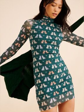 Rachel Antonoff Lilly Mini Dress – Green Multi Dog Print Mesh – Size S